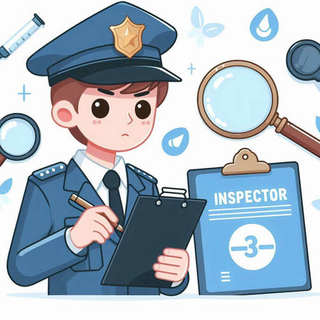 Policeman with clipboard and magnifying glass. Vector illustration.のイラスト素材