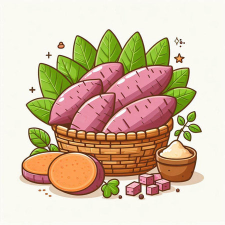 Illustration of sweet potatoes in a wicker basket with some ingredientsのイラスト素材