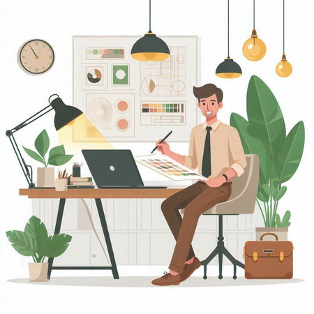 Young man working at home office. Vector illustration in cartoon style.のイラスト素材