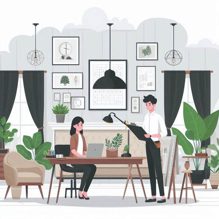 Vector illustration of a man in apron standing in the living room with a tablet in his hands.のイラスト素材