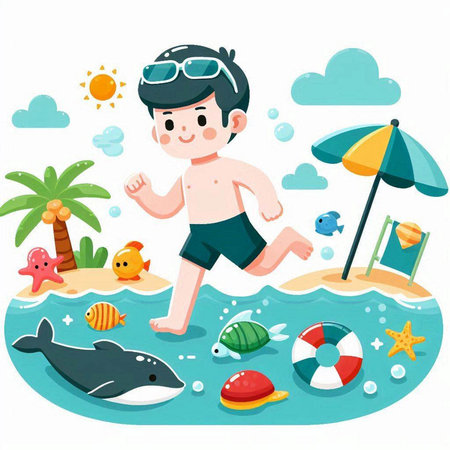 Boy swimming in the sea. Vector illustration of a cartoon character.のイラスト素材