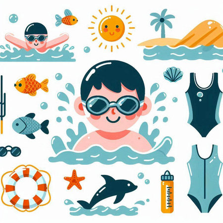 Set of children swimming icons. Vector illustration of a boy in swimming pool.のイラスト素材