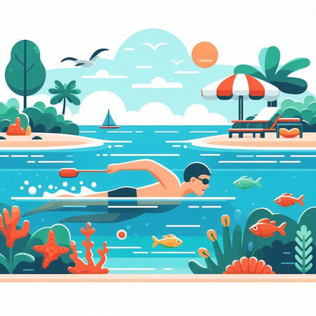 Cartoon vector illustration of a man swimming in the sea with various objectsのイラスト素材
