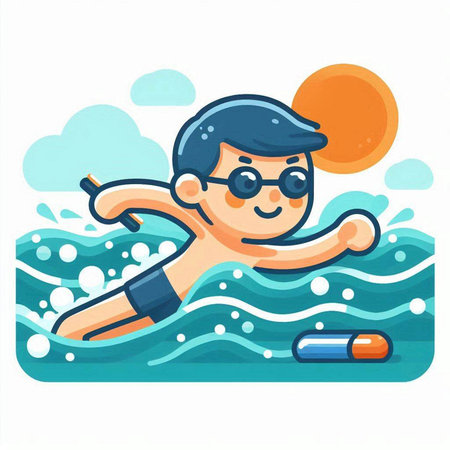 Vector illustration of a boy swimming in the pool. Cartoon style.のイラスト素材