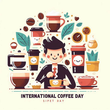 International Coffee Day. Vector flat illustration with cartoon man and coffee icons.のイラスト素材