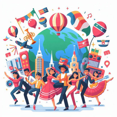 Travel and vacation concept. Group of people travelling around the world. Vector illustrationのイラスト素材