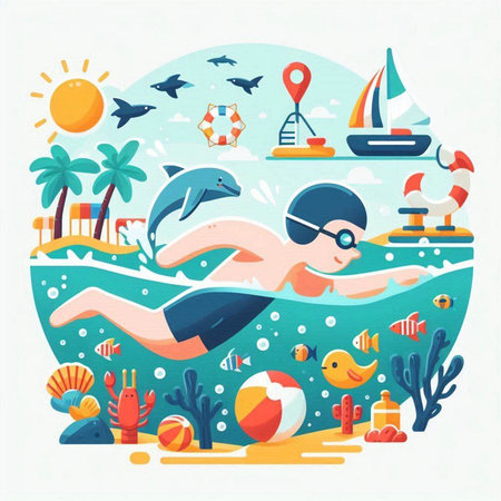 Flat vector illustration of a man swimming in the sea. The concept of summer vacation.のイラスト素材