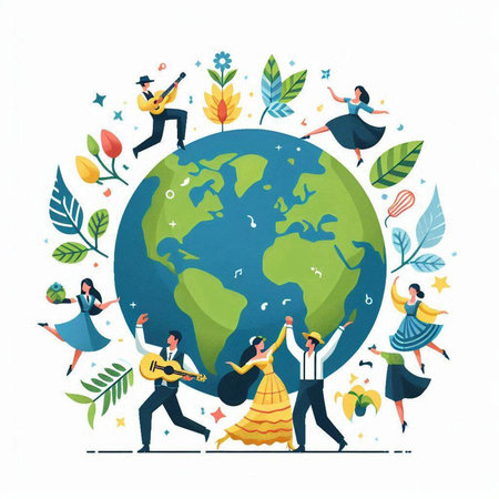 Flat vector illustration of people dancing around the world. Earth day concept.のイラスト素材