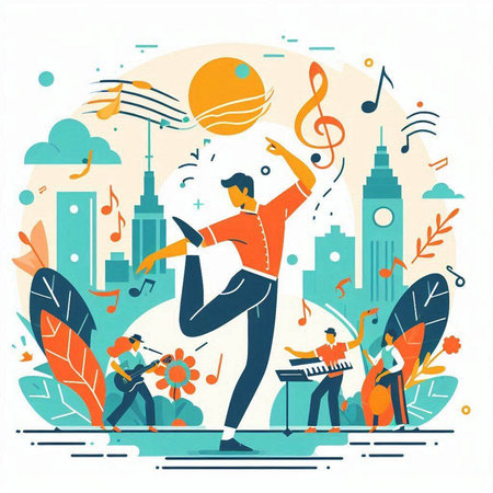 Vector illustration of man playing music on city background with musical notes.のイラスト素材