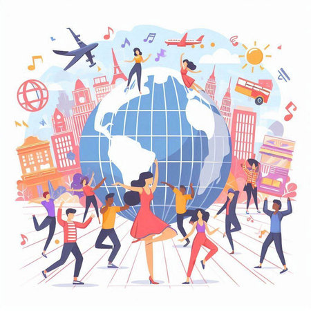 People dancing around the world. Vector illustration in flat cartoon style.のイラスト素材
