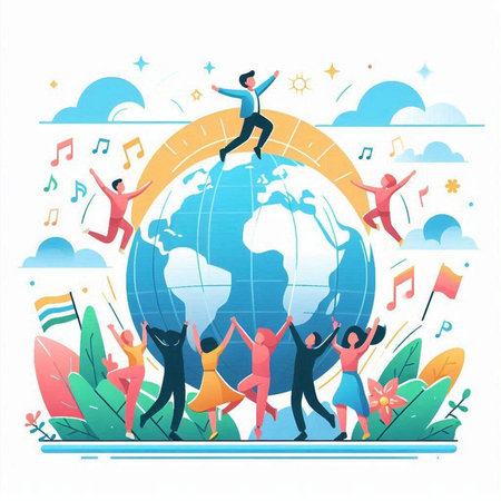 Happy people dancing around the globe. Vector illustration in flat style.のイラスト素材