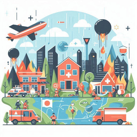 Flat design vector illustration concept of firefighting, ambulance, ambulance, ambulance, fire truck, emergency car, urban landscape.のイラスト素材