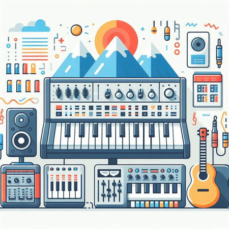 Music background with electronic instruments. Vector illustration in flat design style.のイラスト素材