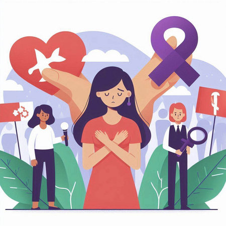 Prostate cancer awareness campaign. Woman with ribbon in her hand and man holding heart symbol. Vector illustration.のイラスト素材