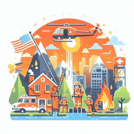 Firefighters and emergency vehicles on the background of the city. Vector illustrationのイラスト素材