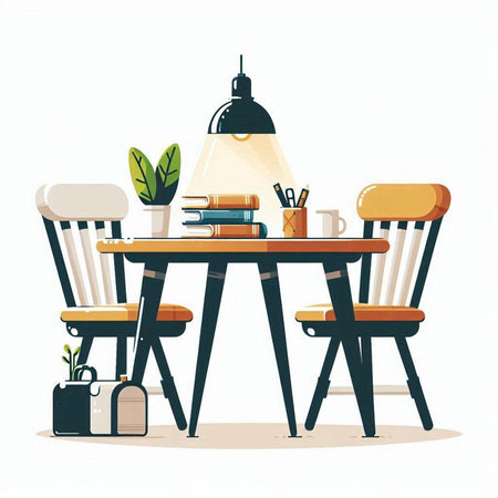Dining room interior with furniture. Table, chairs, books and lamp. Flat vector illustration.のイラスト素材