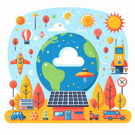 Ecology concept. Vector illustration in flat design style. Solar panels, solar panels, car, bus, truck, house, trees, clouds, sun, car.のイラスト素材