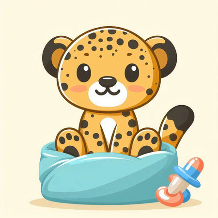 Cute cartoon cheetah sitting on baby bed. Vector illustrationのイラスト素材