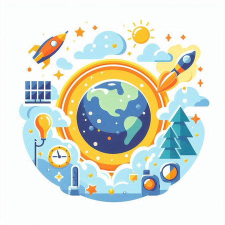 Rocket, solar panels, globe and other elements. Vector illustration.のイラスト素材