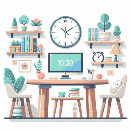 Interior of home office. Workplace with computer, bookshelf, plant, clock and other items. Vector illustrationのイラスト素材