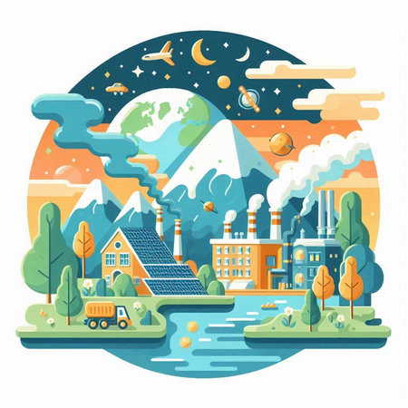 Ecology concept. Vector illustration in flat cartoon style. Landscape with buildings, trees, clouds, river, moon and mountains.のイラスト素材