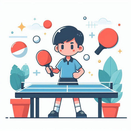 Boy playing table tennis on white background, flat style vector illustration.のイラスト素材