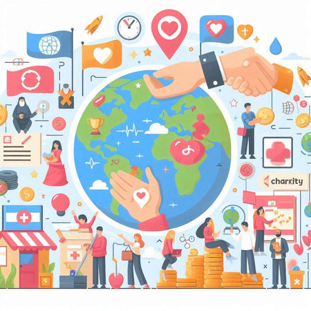 People around the world with social media icons. Flat vector illustration.のイラスト素材