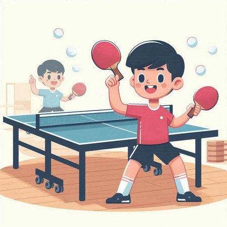 boy playing table tennis with his friend, vector illustration cartoon style.のイラスト素材