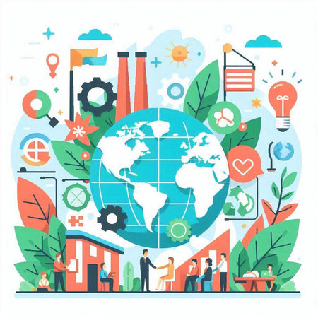 Global business concept with people around the world. Vector illustration in flat styleのイラスト素材