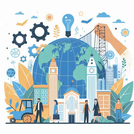 Flat design vector illustration concept of global business and finance. Business people around the world.のイラスト素材