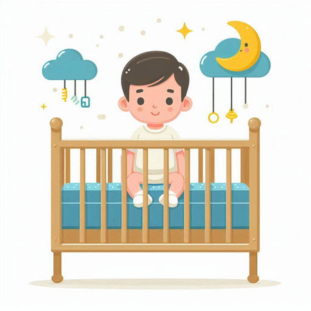 Cute little baby boy sitting on a cot. Vector illustration.のイラスト素材