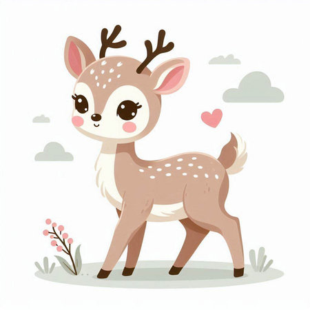 Cute cartoon deer. Vector illustration of a cute deer in the forest.のイラスト素材