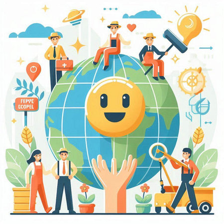 People in front of a modern house. Vector illustration in flat styleのイラスト素材