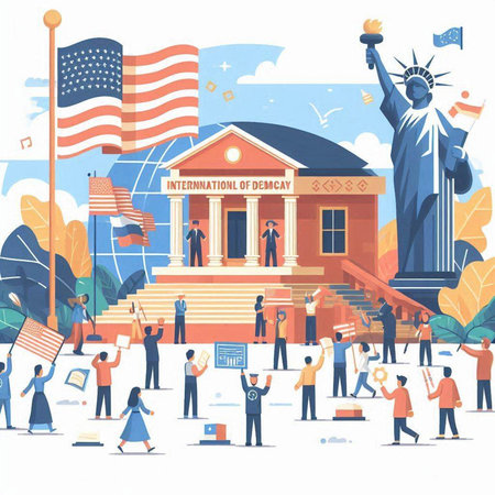 Vector illustration of people with United States of America flag and statue of liberty in background.のイラスト素材