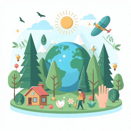 World environment day vector illustration. Earth day concept with people and nature elements.のイラスト素材