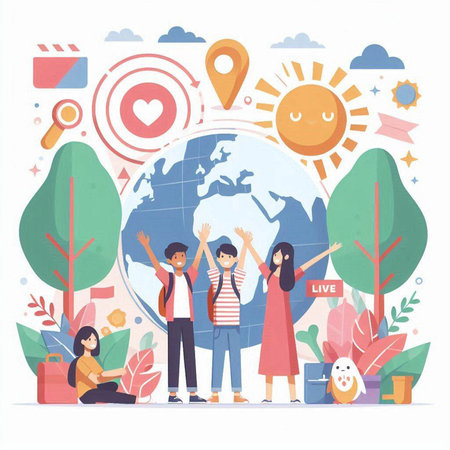Happy group of people with a globe in the park. Vector illustration.のイラスト素材