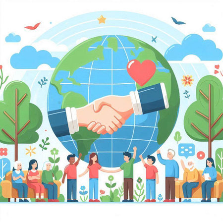 Business people shaking hands in a global community. Vector flat illustration.のイラスト素材