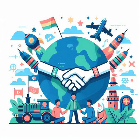 Global business concept vector illustration. Flat style design of people shaking hands with each other on the background of the world.のイラスト素材