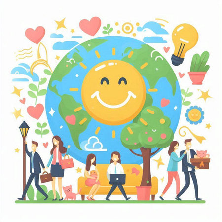 Flat design vector illustration concept of happy people working together in the park.のイラスト素材