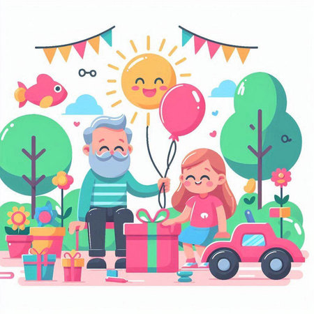 Happy Grandfather and Granddaughter with Gift Box and Balloons. Vector Illustrationのイラスト素材
