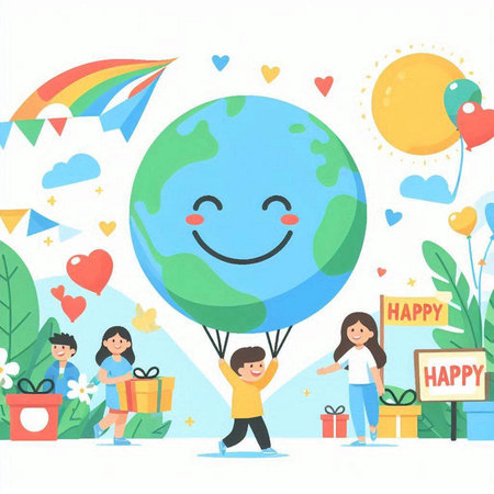 Happy children with globe and gifts. Vector illustration in cartoon style.のイラスト素材