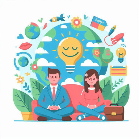 Flat design modern vector illustration concept of business people sitting on the sofa in front of the globe with icons.のイラスト素材