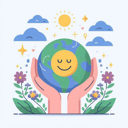 Vector illustration of happy planet in hands. Flat style design. Earth day concept.のイラスト素材