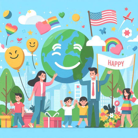 Happy family with children and world globe in the park. Vector illustrationのイラスト素材