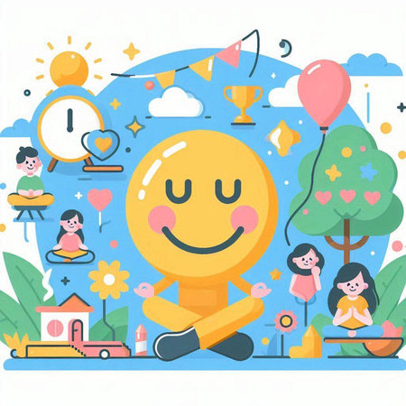 Illustration of a cute yellow smiley with a lot of different activitiesのイラスト素材