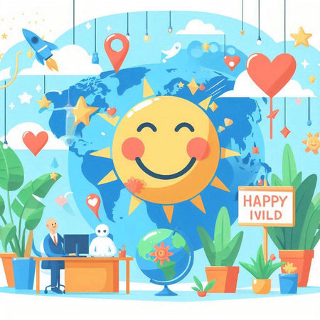 Happy cartoon sun character on a background of the globe. Vector illustrationのイラスト素材