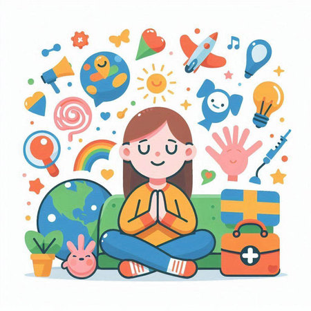 Girl meditating in lotus pose with various icons around, vector illustrationのイラスト素材