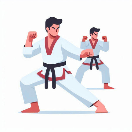 Man in kimono practicing karate. Vector illustration in cartoon styleのイラスト素材