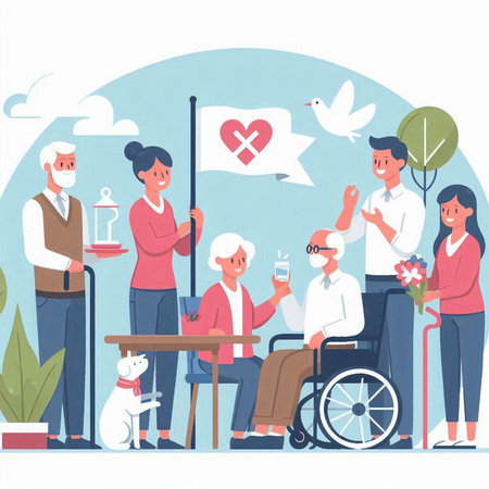 Elderly people with disabilities in the park. Flat vector illustration.のイラスト素材