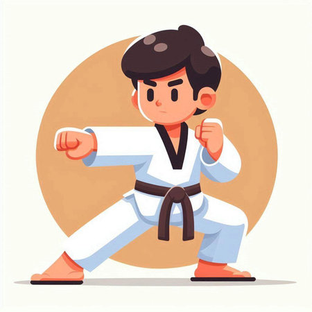 Karate boy in kimono with red boxing gloves. Vector illustrationのイラスト素材